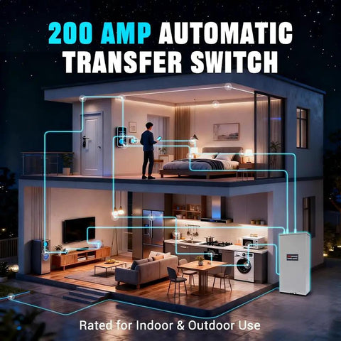 200 Amp Single Phase Generator Automatic Transfer Switch With Power Management Replacement For Generac RXSW200A3 Backup Power Ready, service entrance rated NEMA 3R aluminum enclosure on house exterior