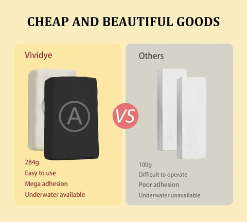 Comparison of Vividye 284g easy-to-use adhesive with mega adhesion vs 100g white adhesive with poor adhesion.