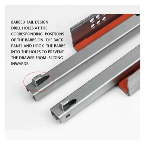 Barbed tail design detail of Heavy Duty Side Mounted Ball Bearing Drawer Slides Featuring Slick Push To Open Action.