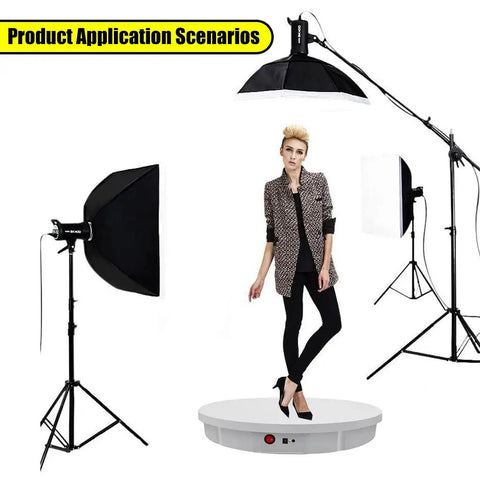Model showcasing attire on Heavy Duty Motorized Rotating Display Stand With Silent 360 Degree Electric Turntable, studio lighting setup.