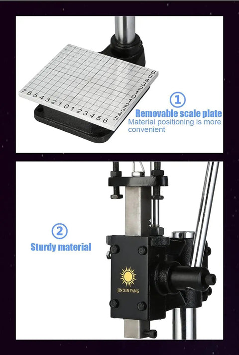 Heavy Duty Manual Arbor Press Machine With Ball Bearing Design Includes Adjustable Scale Plate Swivel Drill Chuck And Backing Plate Best For Riveting Stamping Forming Leather Plastic Wood Aluminum Projects Sweet Setup Rad Gear For Shop Use, showing the removable scale plate and sturdy material.