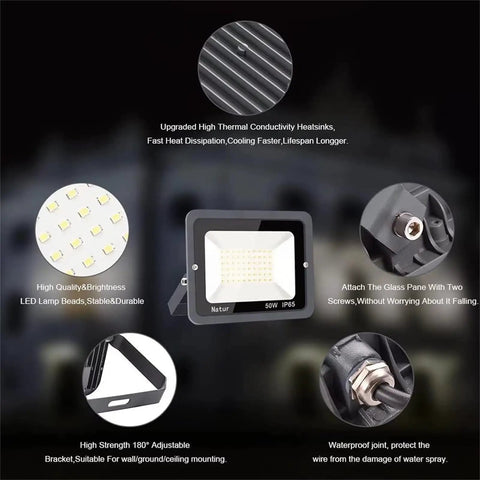JUDYSSY Flood Lights Outdoor White Light 800W 1000W, Led Floodlight Super Brig, 50W model with heat sink and adjustable bracket.
