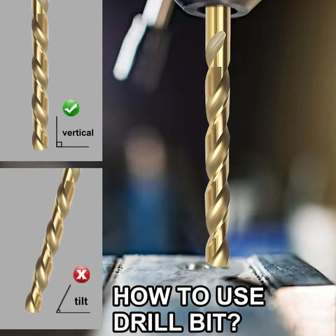 Axelord cobalt drill bit set, gold M35 HSS twist bits for metal drilling; front view showing bit drilling into workpiece