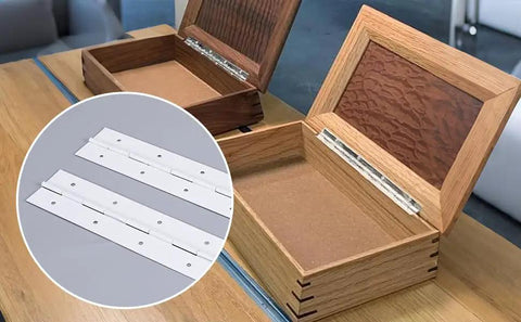 2 Pack 8 Inch 304 Stainless Steel Piano Hinges Heavy Duty Continuous Door Hardware for cabinets shown with wooden boxes