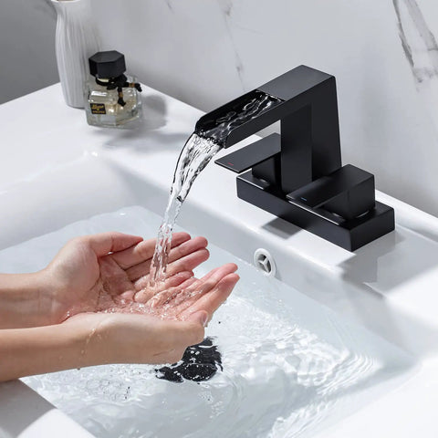 4 Inch Centerset Waterfall Bathroom Faucet With Two Handles, 3 Hole Basin Setup, Pop Up Drain With Overflow, Lavatory Mixer Tap, Go To Vanity Faucet Slick Matte Black Finish, water flowing into hands.