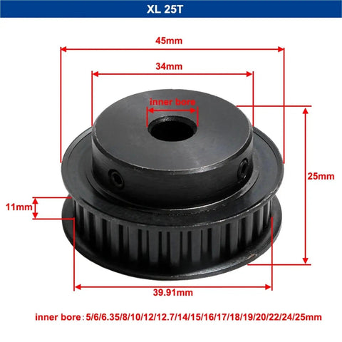 Top Shelf XL Timing Belt Pulley Wheel featuring 25 teeth, 45mm diameter, heavy duty black steel for 11mm belt install.