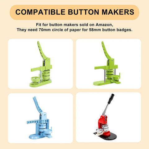 Various button maker machines compatible with 58mm Button Paper Cutter Punch Die Tool For DIY badges on display.