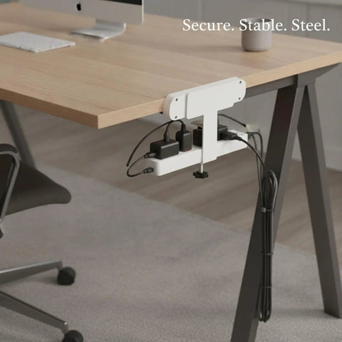 Carbon Steel Power Strip Mount Wall And Desk Bracket For Surge Protectors attached under wooden desk with cables organized