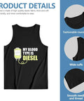 Rock This Killer Fit With Our Hella Comfy Mens Cotton Tank Top Featuring The Dope Mechanic Graphic That Says Blood Type Is Diesel While You Crush Workouts Lightweight Quick Dry Fabric Keeps You Chill At The Gym Beach Or Daily Grind in black with graphic.