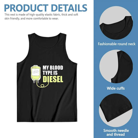 Rock This Killer Fit With Our Hella Comfy Mens Cotton Tank Top Featuring The Dope Mechanic Graphic That Says Blood Type Is Diesel While You Crush Workouts Lightweight Quick Dry Fabric Keeps You Chill At The Gym Beach Or Daily Grind in black with graphic.