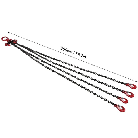 Four Way Chain Slings With Four Legs And Sling Hooks Lifting Chain Adjustable 6mm 2 Meter 1 Ton Capacity For Mines Ports Buildings And Steel Plants Industrial Grade, showing full length with hooks