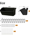 Premium 5 Qt Hanging Goat Feeders And Mineral Troughs 6 Pack showing dimensions, carabiners, screws, and zip ties.