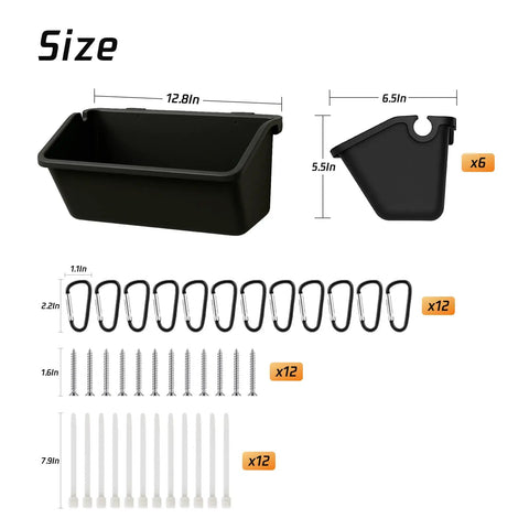 Premium 5 Qt Hanging Goat Feeders And Mineral Troughs 6 Pack showing dimensions, carabiners, screws, and zip ties.