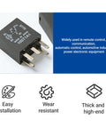 Pack Of Two Hefty Twelve Volt Five Pin Auto Fuel Pump Relays shown with black housing, ideal for automotive use and high amp electricity.