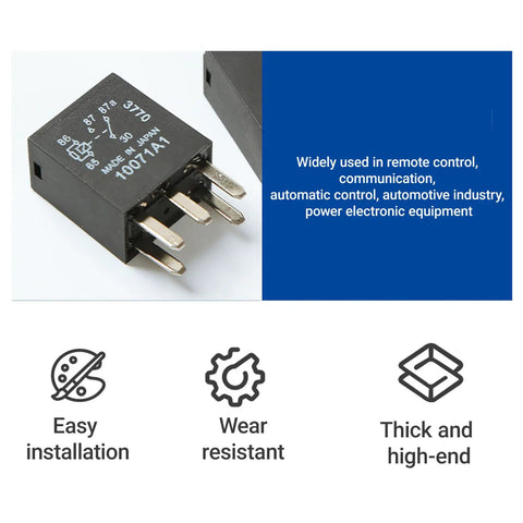 Pack Of Two Hefty Twelve Volt Five Pin Auto Fuel Pump Relays shown with black housing, ideal for automotive use and high amp electricity.