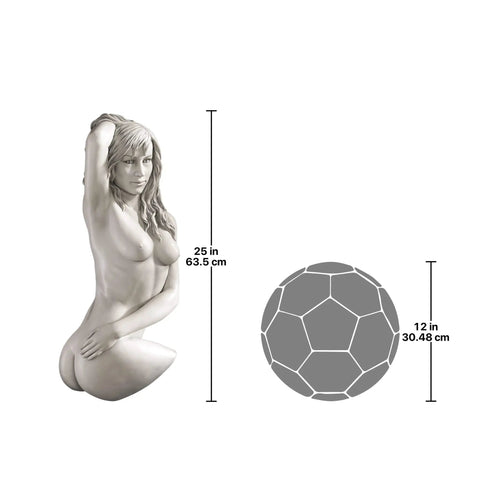 Twist Woman Wall Sculpture In Cast Stone Resin With Antique Stone Finish, 25 Inch Tall Nude Figure, size comparison with ball