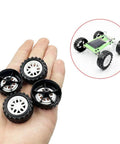 DIY Model Toy Car Wheel Set with 30 plastic wheels and 15 metal axles in hand and assembled RC car with 31mm wheels, 11mm thick