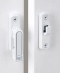 White Barn Door Latches With Adjustable 0 To 7 Millimeters Height For Flawless Gap Alignment And A Rock Steady 90 To 180 Degree Swivel Lock For Sliding Doors That Install Like A Breeze, detailed view of latch mechanism.