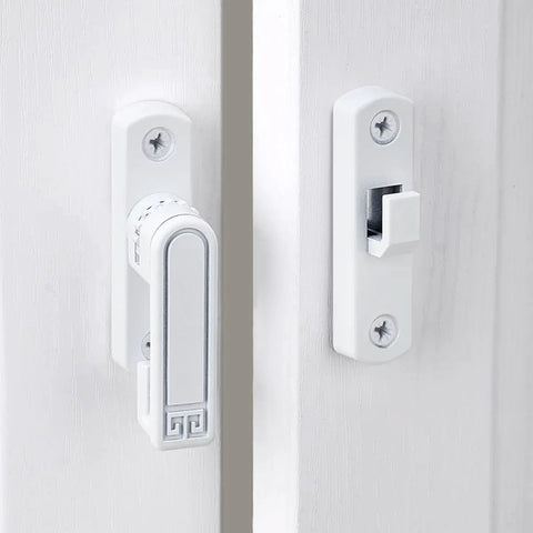 White Barn Door Latches With Adjustable 0 To 7 Millimeters Height For Flawless Gap Alignment And A Rock Steady 90 To 180 Degree Swivel Lock For Sliding Doors That Install Like A Breeze, detailed view of latch mechanism.