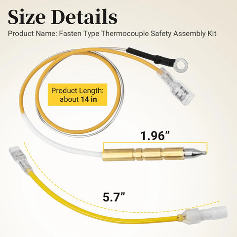 Propane tank-top heater thermocouple safety assembly kit with yellow cable and brass sensor, about 14 in