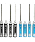 Set of hex screwdriver bits in black and blue handles, including 1.5mm, 2.0mm, 2.5mm, and 3.0mm sizes for precision tasks.