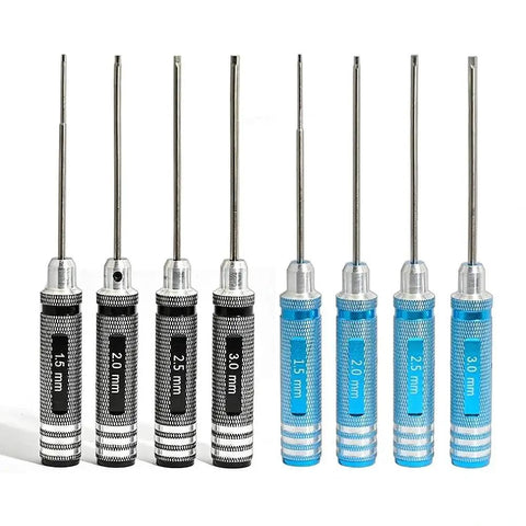 Set of hex screwdriver bits in black and blue handles, including 1.5mm, 2.0mm, 2.5mm, and 3.0mm sizes for precision tasks.