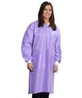 Woman wearing purple Knee Length Lab Coats 50G SMS, Unisex 10 Pack, Anti Static, Knit Cuffs, Pockets, Durable Pro Grade Medical Wear