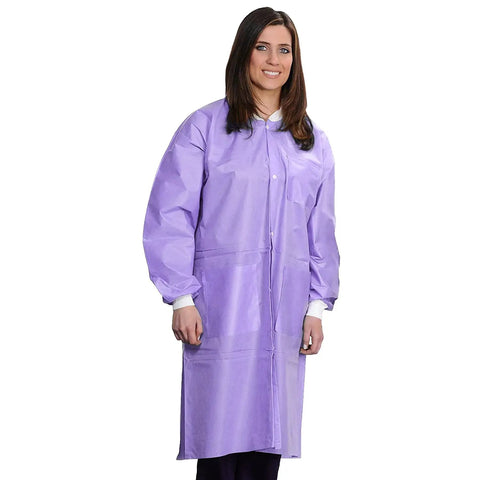 Woman wearing purple Knee Length Lab Coats 50G SMS, Unisex 10 Pack, Anti Static, Knit Cuffs, Pockets, Durable Pro Grade Medical Wear