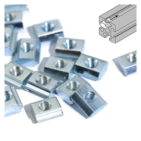 Heavy Duty Galvanized T Slide Nuts For Aluminum Extrusion Profiles Fits 20 Series Sliding Fastener With M3 M4 M5 Threads, close-up view.