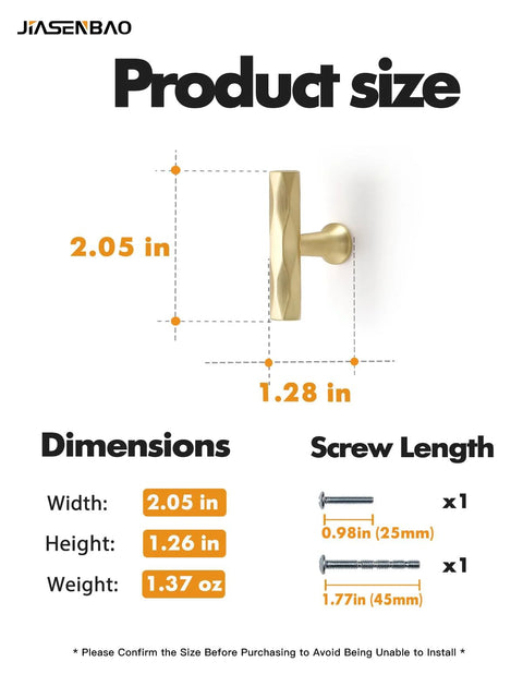 Brushed Gold Cabinet Knobs 10 Pack Hammered Brass Handles dimensions and screw lengths shown