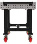 Front view of Heavy Duty Mobile Welding Station Rig With Precision Laser Cut Holes And Heavy Suspension For A Badass Workshop Setup And Custom Metal Craftsmanship Plus Locking Casters.