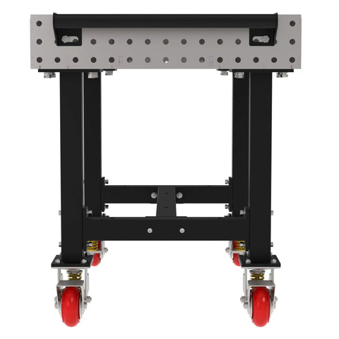 Front view of Heavy Duty Mobile Welding Station Rig With Precision Laser Cut Holes And Heavy Suspension For A Badass Workshop Setup And Custom Metal Craftsmanship Plus Locking Casters.
