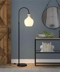 Dope Arc Floor Lamp With Glass Shade In Blackened Bronze And White Milk Glass Modern Standing Lamp in living room decor