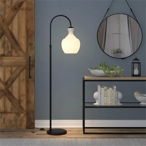 Dope Arc Floor Lamp With Glass Shade In Blackened Bronze And White Milk Glass Modern Standing Lamp in living room decor
