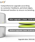Comparison of handle thickness upgrade in Nesting Measuring Cups And Spoons Set, showing 1.5mm silicone after and 1mm before.