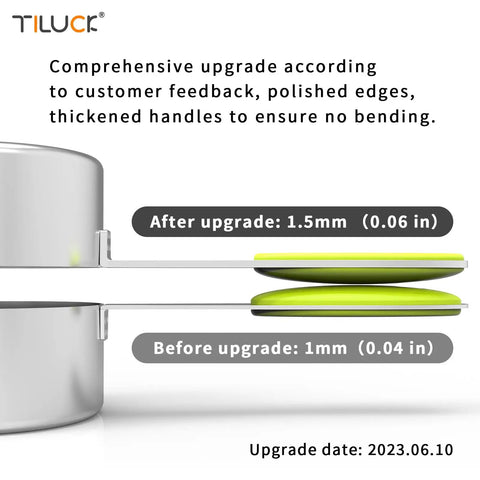 Comparison of handle thickness upgrade in Nesting Measuring Cups And Spoons Set, showing 1.5mm silicone after and 1mm before.