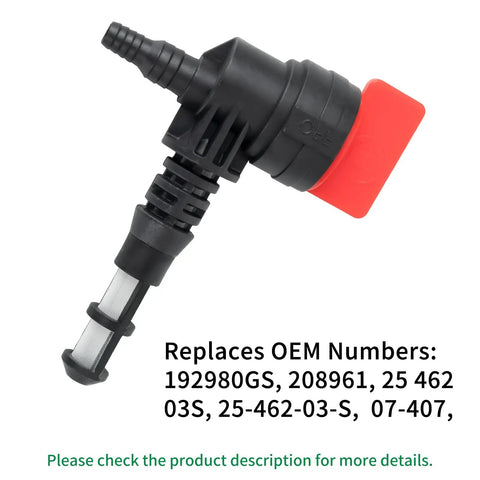 Image of a single black and red valve part from Two Pack 90 Degree Fuel Shut Off Valve Kit With Leak Proof Grommet Clamps And Bushings