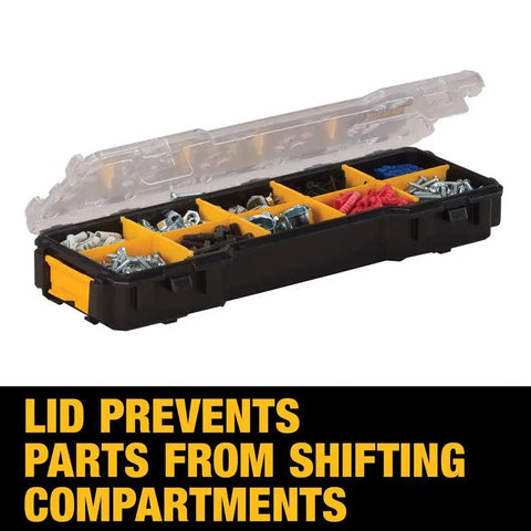 Open 10 Compartment Pro Organizer With Removable Dividers, Durable Polycarbonate Lid, Side Latches For Stackable Storage.