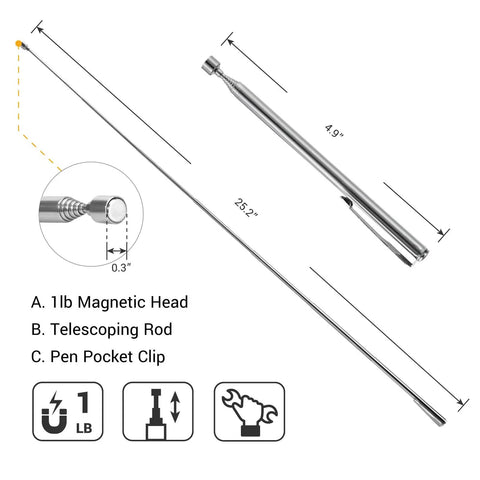 Stainless Telescoping Magnetic Pickup Tool With Pocket Clip Extends To 25.2 Inches And Delivers A 1 Pound Pull Perfect For Dads Builders And Makers To Grab Metal Parts Tools Or Lost Screws On The Go