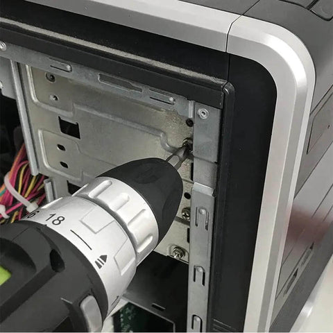Slick Rechargeable Two Speed Electric Drill And Precision Screwdriver Combo Kit used to secure a computer case screw.