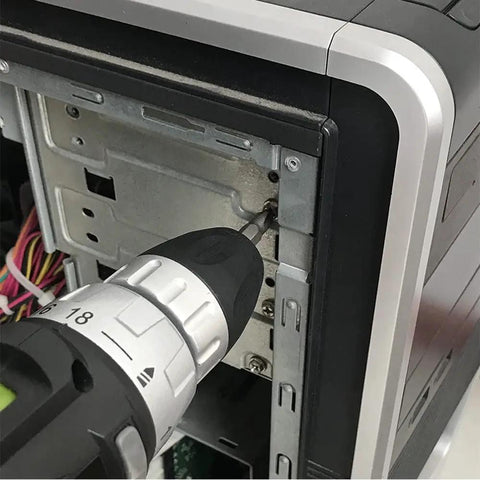 Badass Rechargeable Two-Speed Drill and Screwdriver Combo with 10mm Chuck and Reverse Toggle slays DIY tasks by securing screws in a PC case.