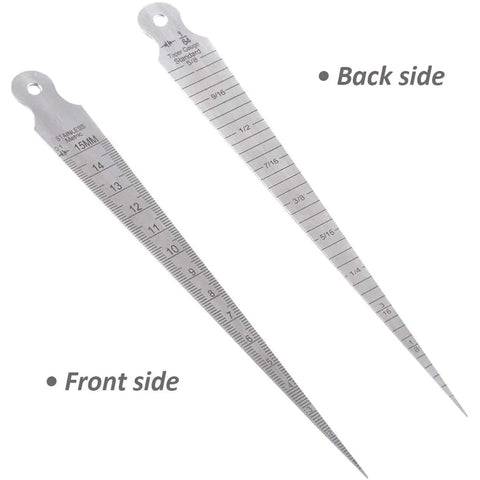 Front and back view of Stainless Steel Taper Gauge 1-15mm and 1/32-5/8 Inch Welding Gauge For Inch And Metric Feeler Gap Measurements 0.1mm Accuracy Pocket Size Laser Engraved Readouts.
