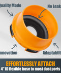 Dust Port Adapter 1-3/4 to 2-1/2 Inch Port to 4 Inch Dust Collection Hose Quick Connect Reducer for Table Saw Planer Jointer And Other Power Tools Patent Pending, close-up view of orange flexible adapter.