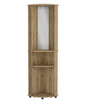 Totally Slick Corner Bar Cabinet With Heavy Duty Wine Rack And Center Mirror And Sweet Macadamia Wood Finish Triple Tier Storage 74 Inch Tall Double Door Display Unit with mirror and shelving.