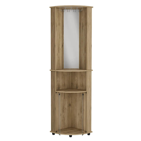 Totally Slick Corner Bar Cabinet With Heavy Duty Wine Rack And Center Mirror And Sweet Macadamia Wood Finish Triple Tier Storage 74 Inch Tall Double Door Display Unit with mirror and shelving.