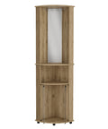 Sick Corner Home Bar Cabinet With Twin Glass Doors And Macadamia Finish 74 Inch Tall with mirror and open shelves.