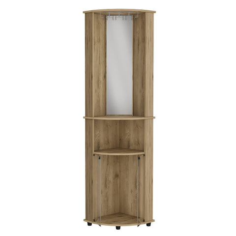 Sick Corner Home Bar Cabinet With Twin Glass Doors And Macadamia Finish 74 Inch Tall with mirror and open shelves.