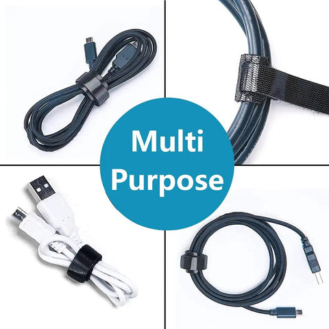 Reusable Black Cable Ties 50 Pack Hook And Loop Wire Wraps securing various cables shown in multipurpose use