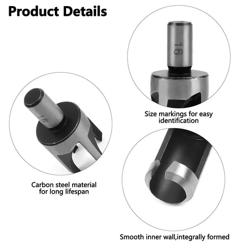 8 Pack Plug Cutter Drill Bit Set With Straight And Tapered Cutters For DIY Woodworking Projects Four Sizes Hex Shank Black Finish