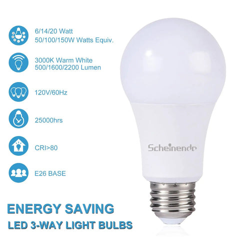 Image showing Three Way LED Light Bulbs A21 50W 100W 150W Equivalent 3000K Warm White Awesome For Reading Indoor E26 Base Energy Efficient 20W 2200 Lumens Two Pack Perfect For Reading Nooks And Home Desks with specifications.